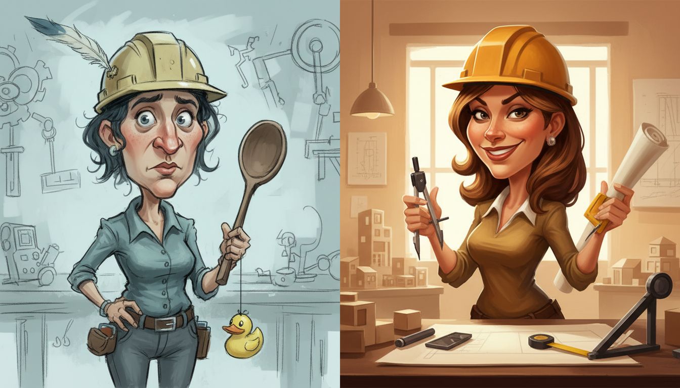 Split scene showing draft caricature and refined version with better job props