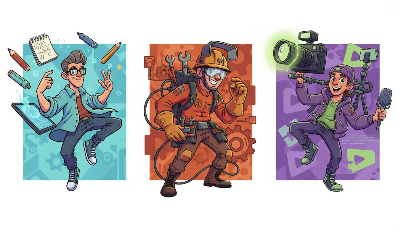 Three job personas rendered in consistent caricature style without text labels