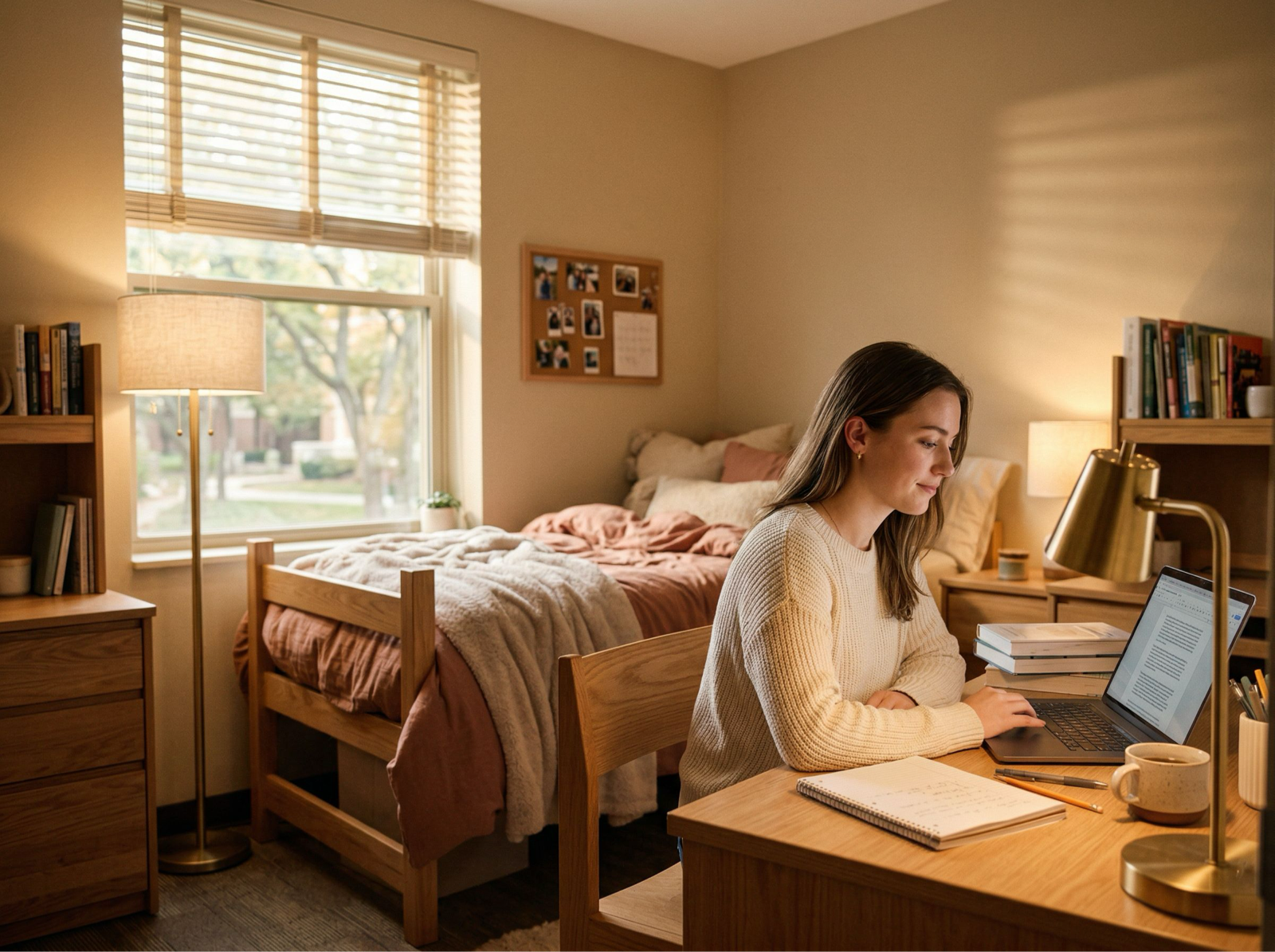 Create an Image of a Cozy Bedroom: Minimalist Dorm Study